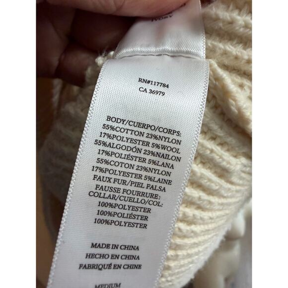 Rails Esme Cream Ribbed Cardigan Ivory Women's M NO Removable Faux Fur Collar - Picture 10 of 12